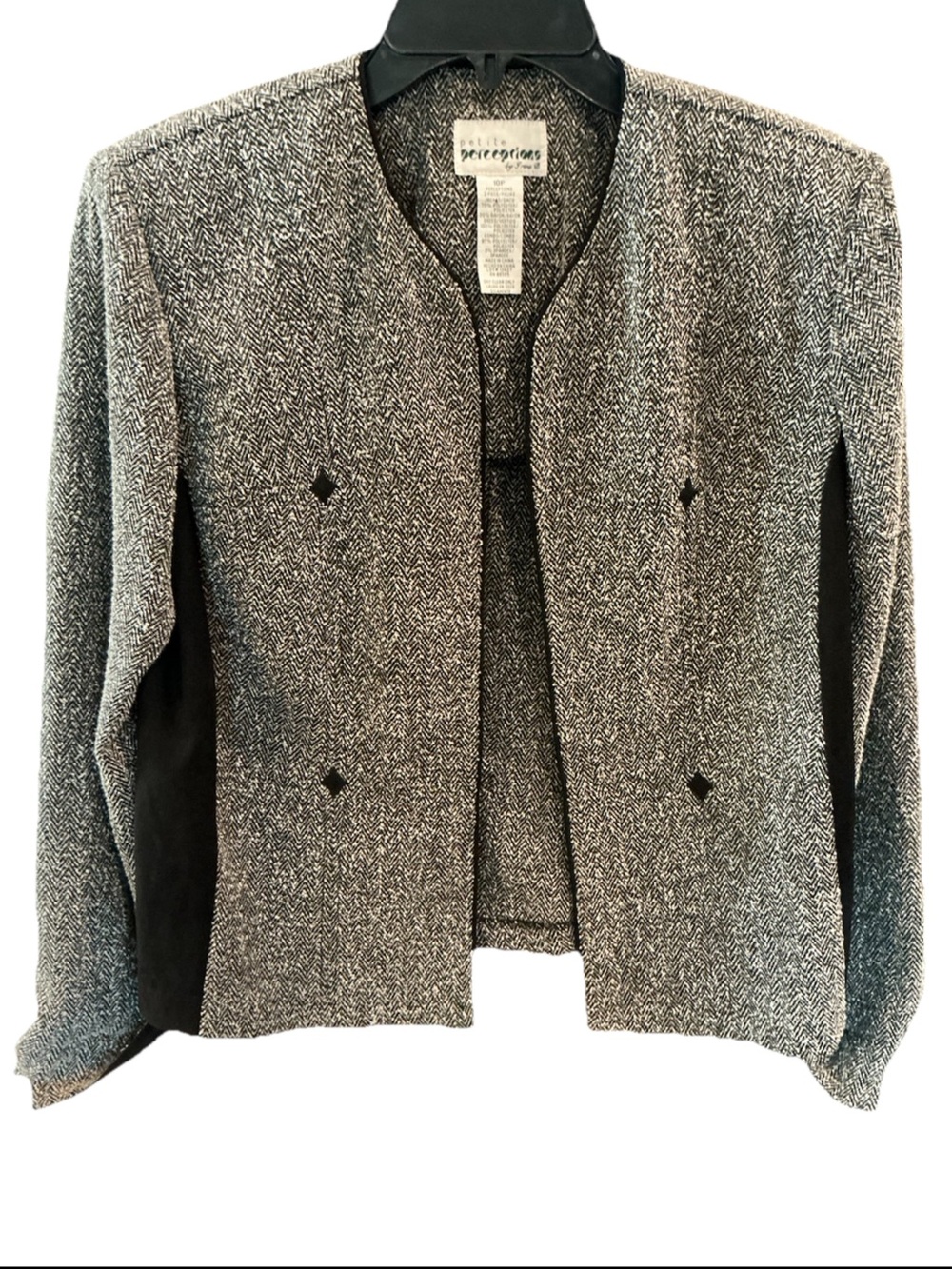 Vintage Petite Perceptions Irene B Black White Herringbone Open Front Blazer 10P
